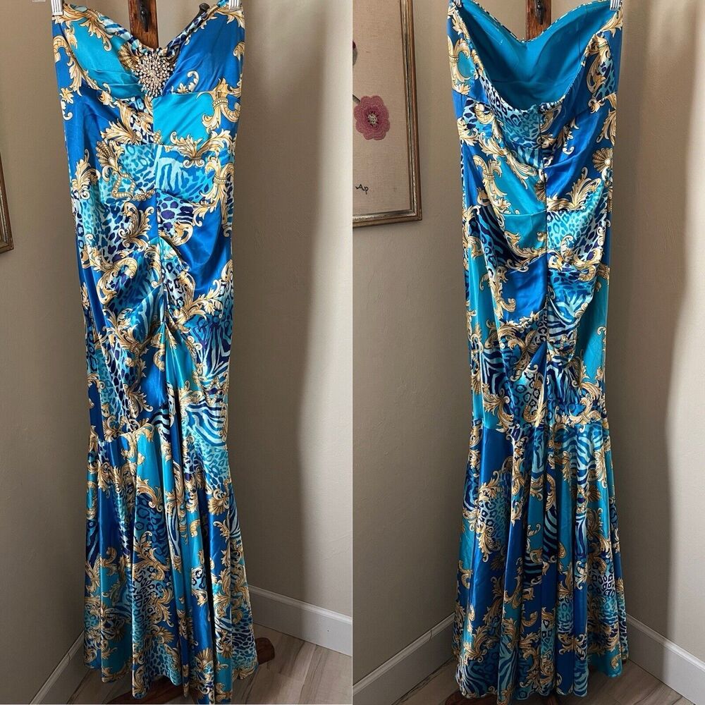 Vtg Cache Dress 90s Y2K Blue Baroque Sweetheart Brooch Strapless Mermaid Gown 10